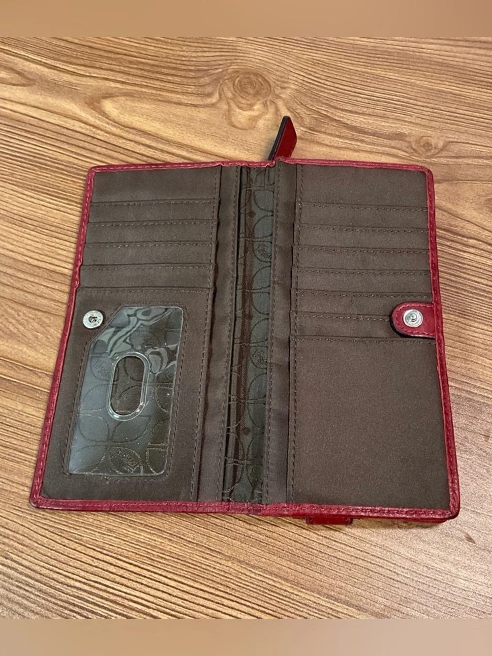 Fossil Red Leather Long Wallet Organizer Multi Card ID Window Snap Closure